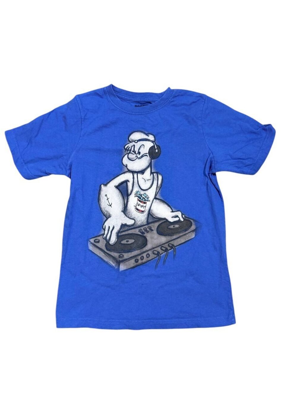 Popeye DJ Graphic Tee Blue Spinach Rave Tattoo Art Youth